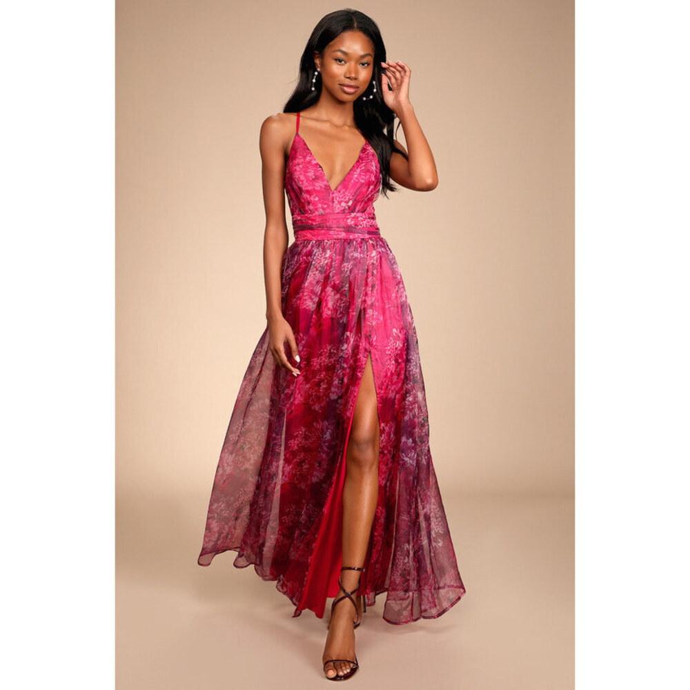Lulus Romance That Wows Magenta Floral Print Organza Maxi Dress Pink - Size XL - Picture 1 of 1